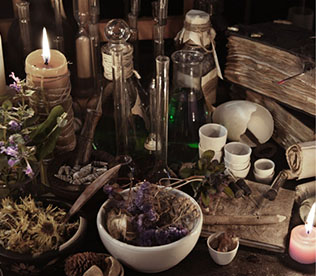 bowls of herbs on table