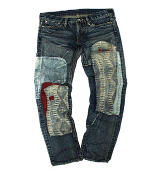 red patched jeans